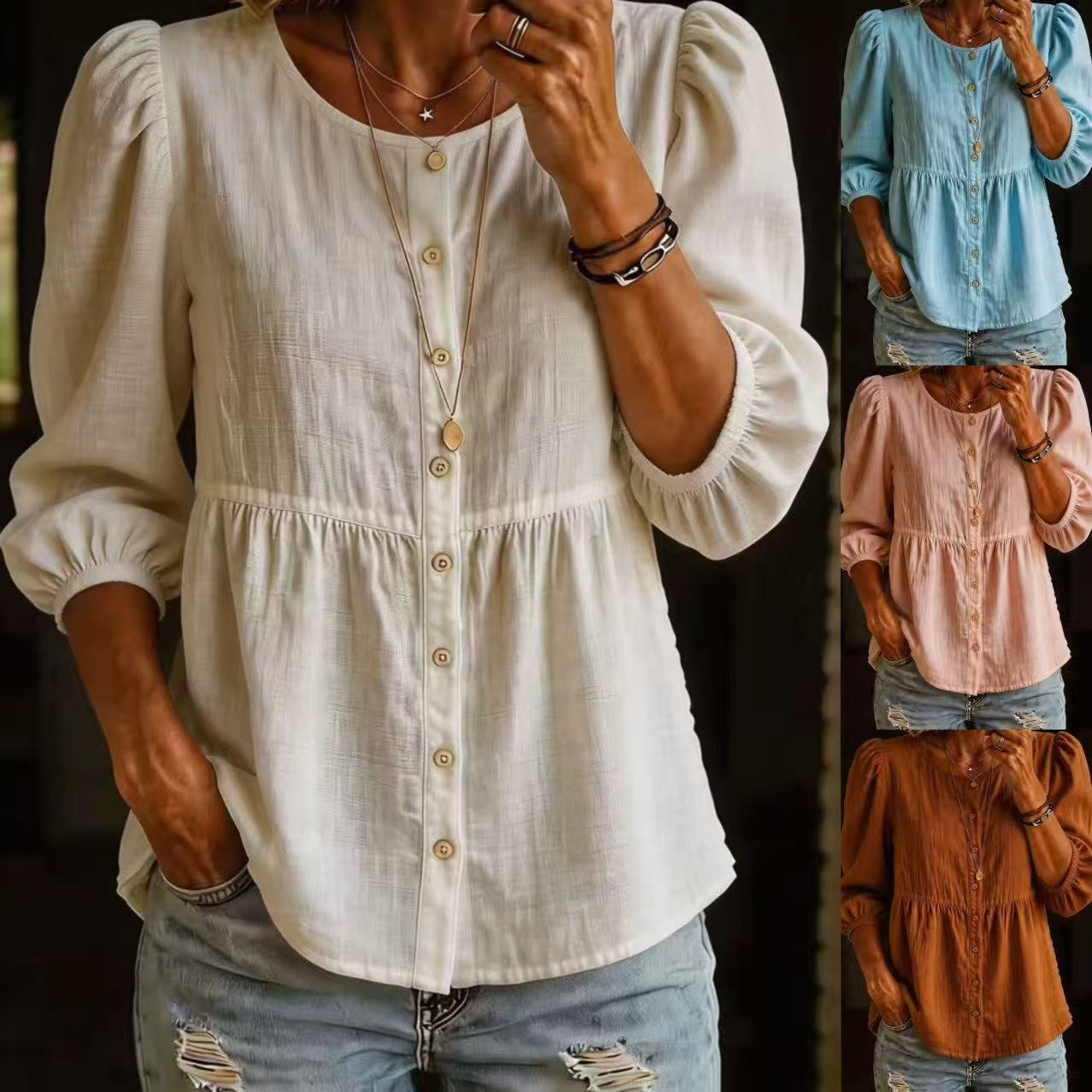 Retro-Style 3/4 Sleeve Button-Down Shirt