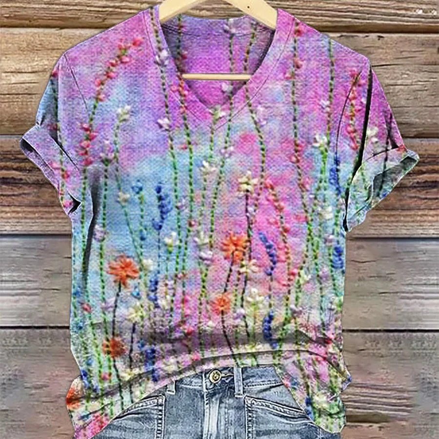 Women's 3D Print V-Neck Short-Sleeve T-Shirt