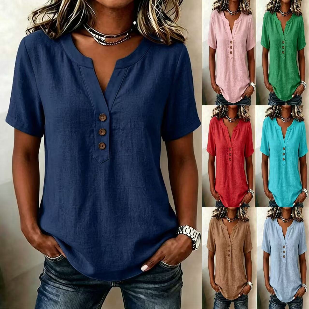 Loose-Fit Cotton-Linen V-Neck Button-Down Top for Women