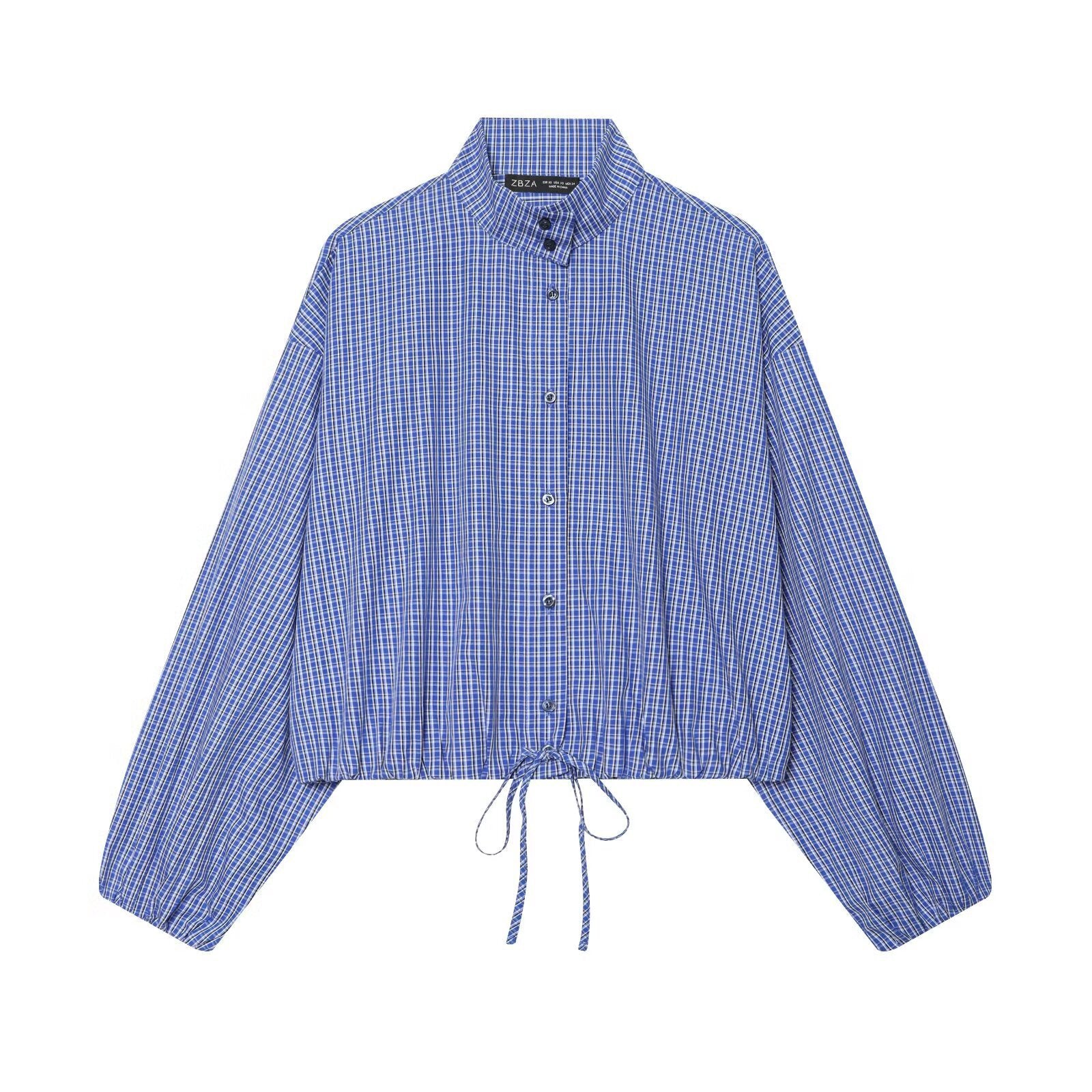 Dark Blue Plaid Puff Sleeve Shirt for Women