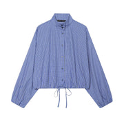 Dark Blue Plaid Puff Sleeve Shirt for Women