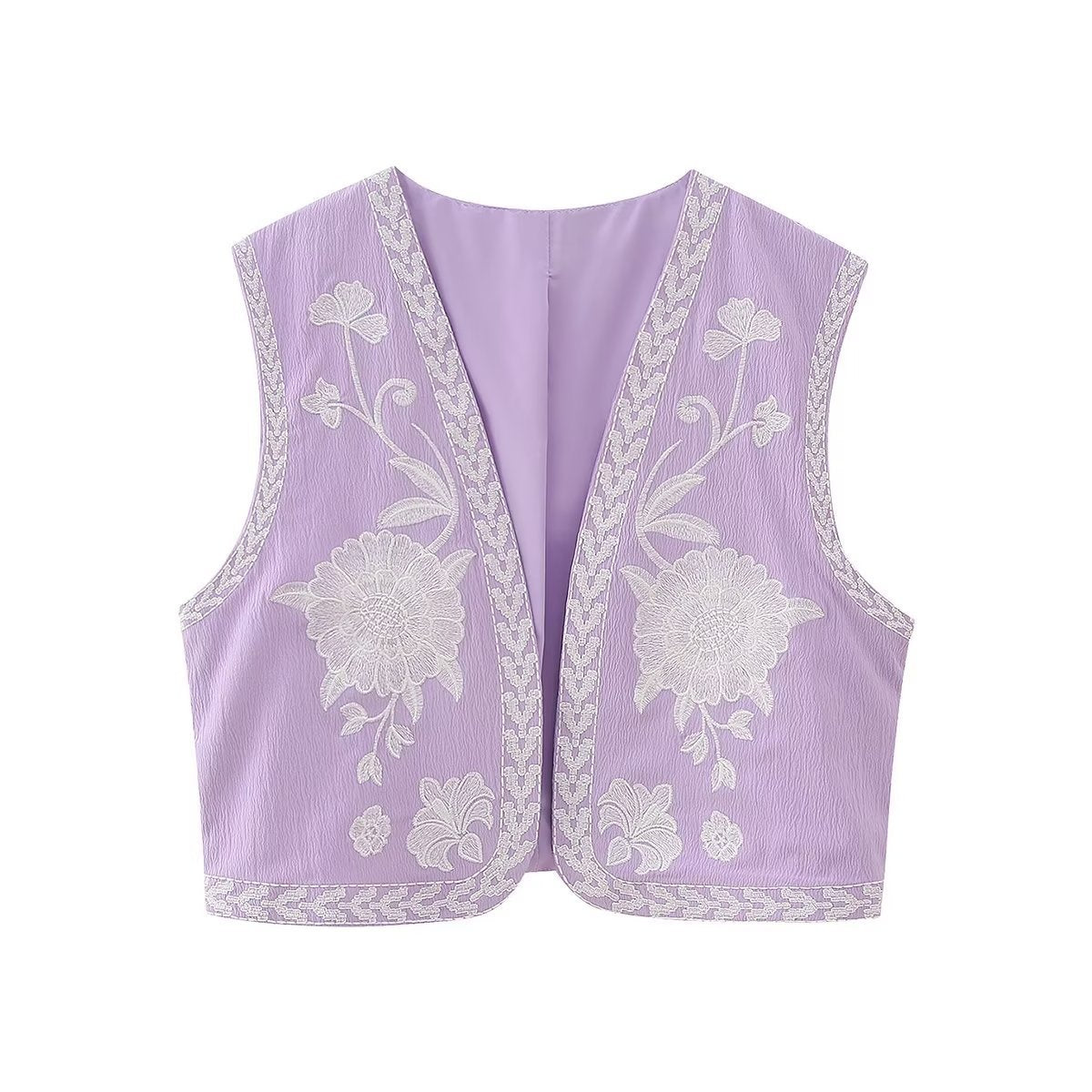 Summer Floral Vest for Women, Multi-Color Embroidered Open-Front