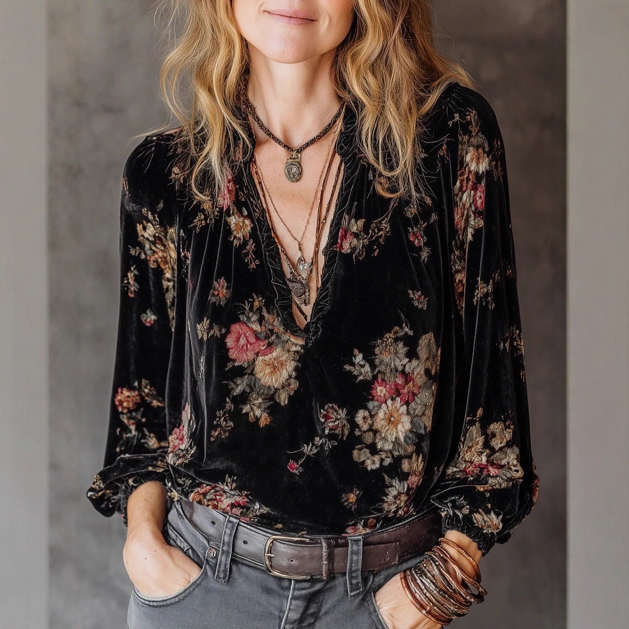 Loose-Fit Velvet Long Sleeve Top for Women