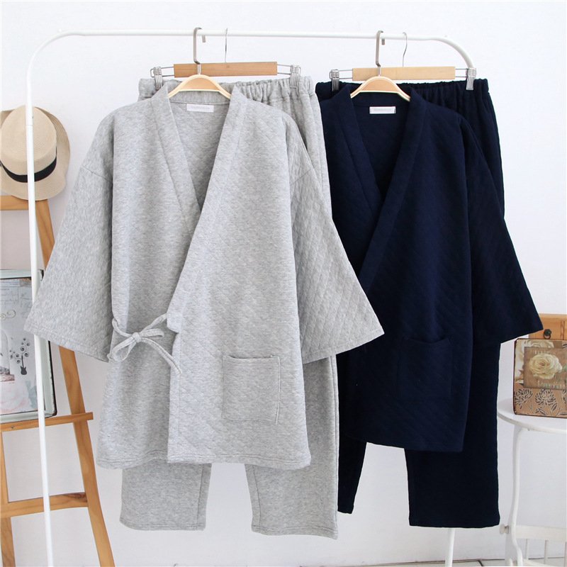Cozy Autumn Loungewear Set for Men - Pure Cotton Kimono & Long Pants