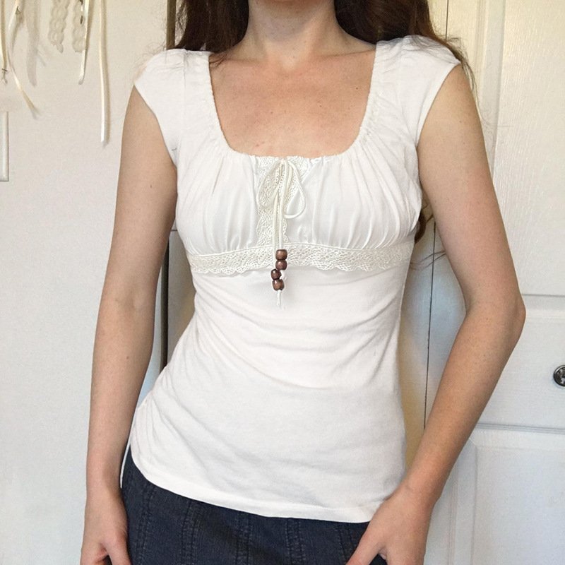 Girly Beaded Drawstring Lace Panel Short Top