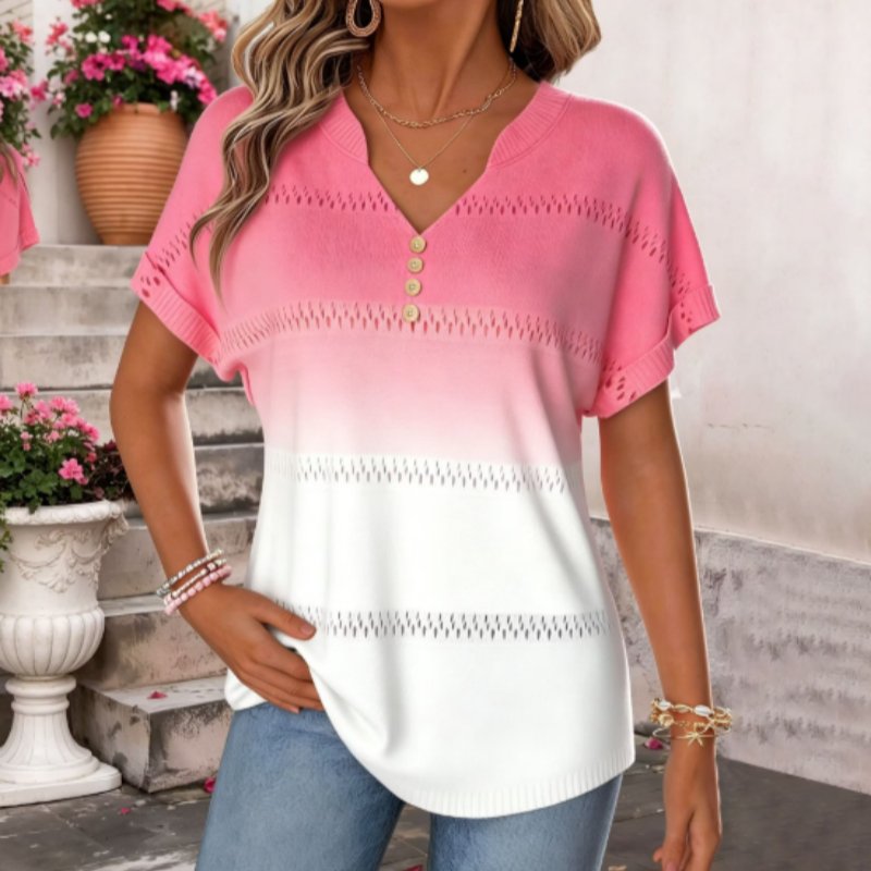 Elegant Pink Ombre Knit Top - V-Neck Tee