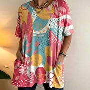 Colorful Abstract Print Short Sleeve Tunic Top With Pockets