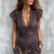 Lace Fly-Sleeve Top with Buttons