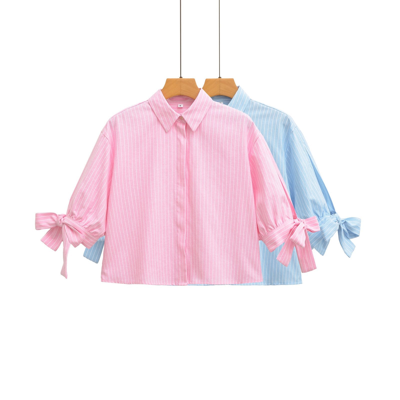 Light Blue and Pink Striped Blouse with Bow Detail