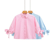Light Blue and Pink Striped Blouse with Bow Detail