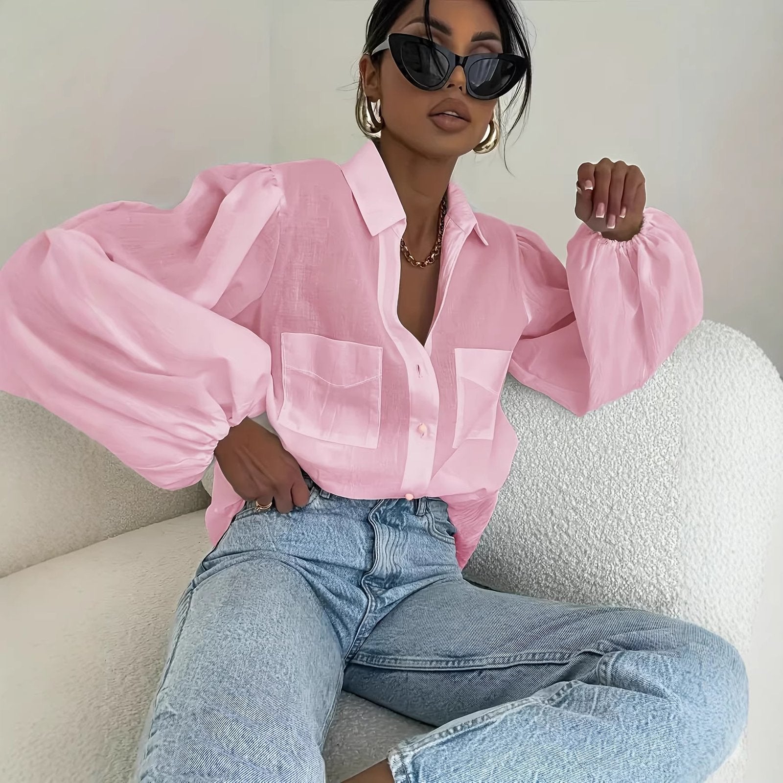 Long Sleeve Blouse with Double Flap Pockets & Lapel Collar