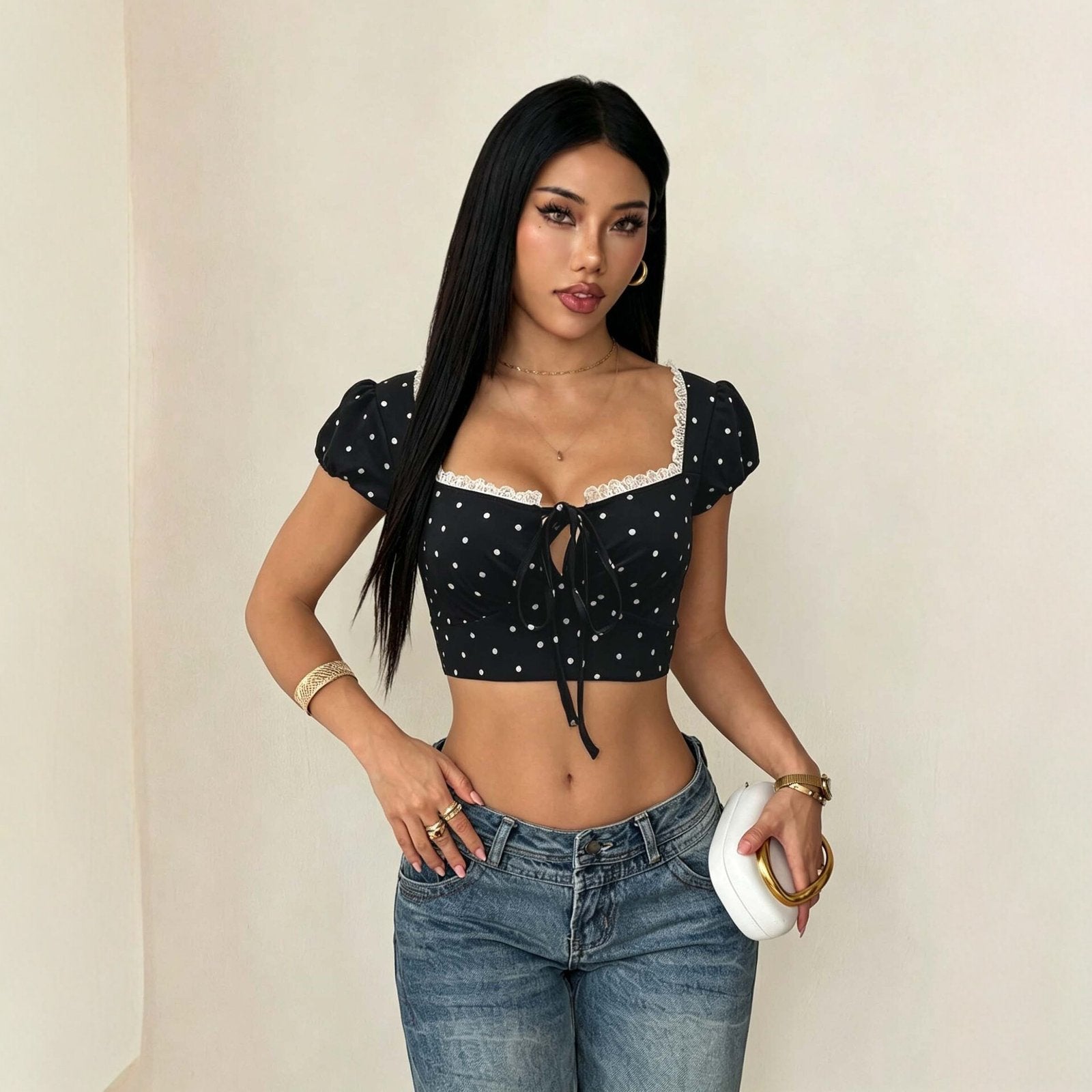 Polka Dot Puff Sleeve T-Shirt for Women