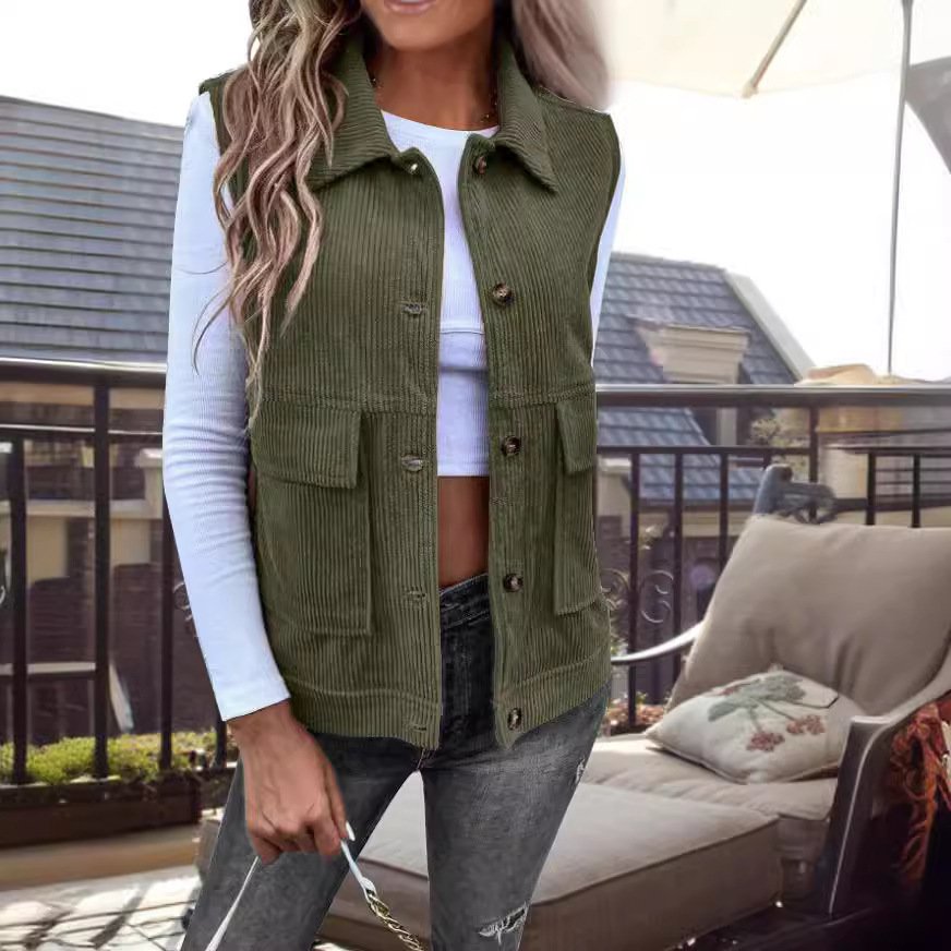 Elegant Army Green Corduroy Cardigan Vest for Women