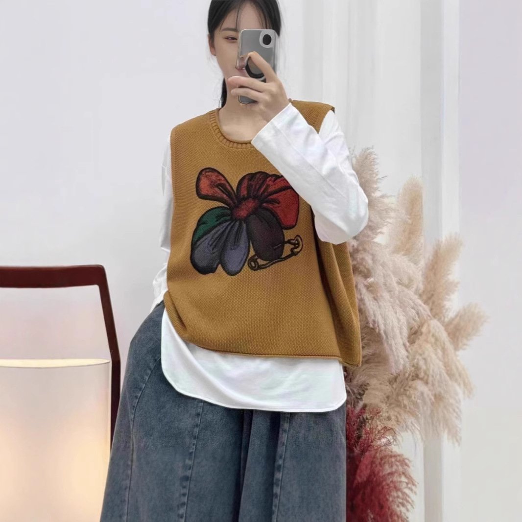 Floral Print Loose-Fit Vintage Knitted Vest for Women