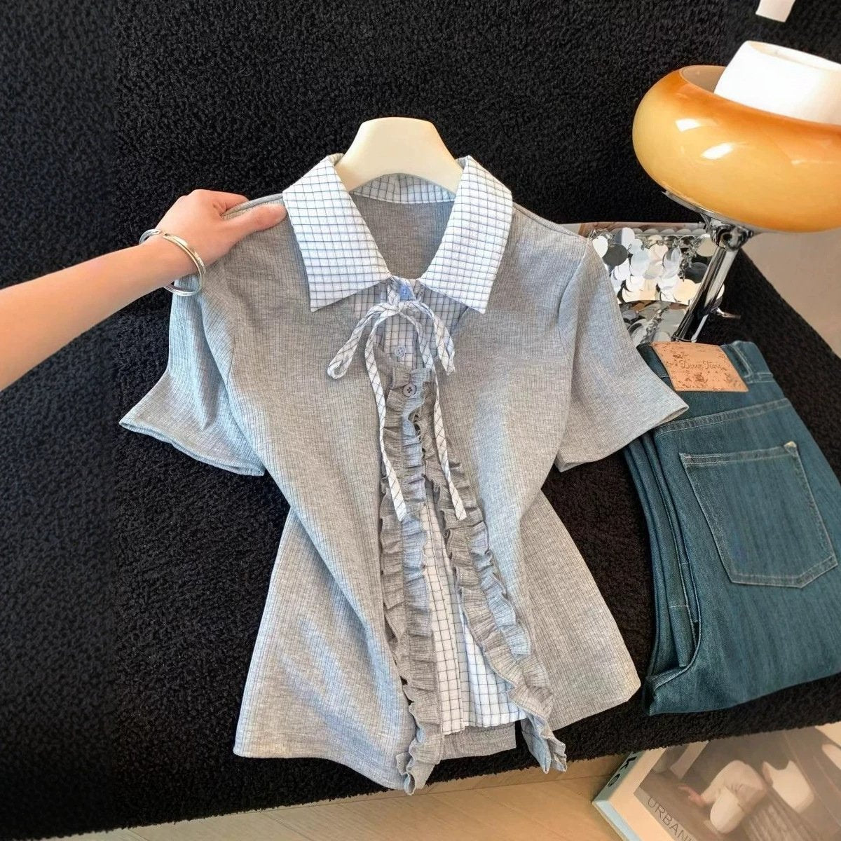 Short-Sleeve Plaid Shirt with Lapel Collar