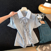 Short-Sleeve Plaid Shirt with Lapel Collar