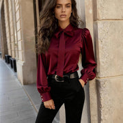 Elegant Satin Blouse with Bow Tie