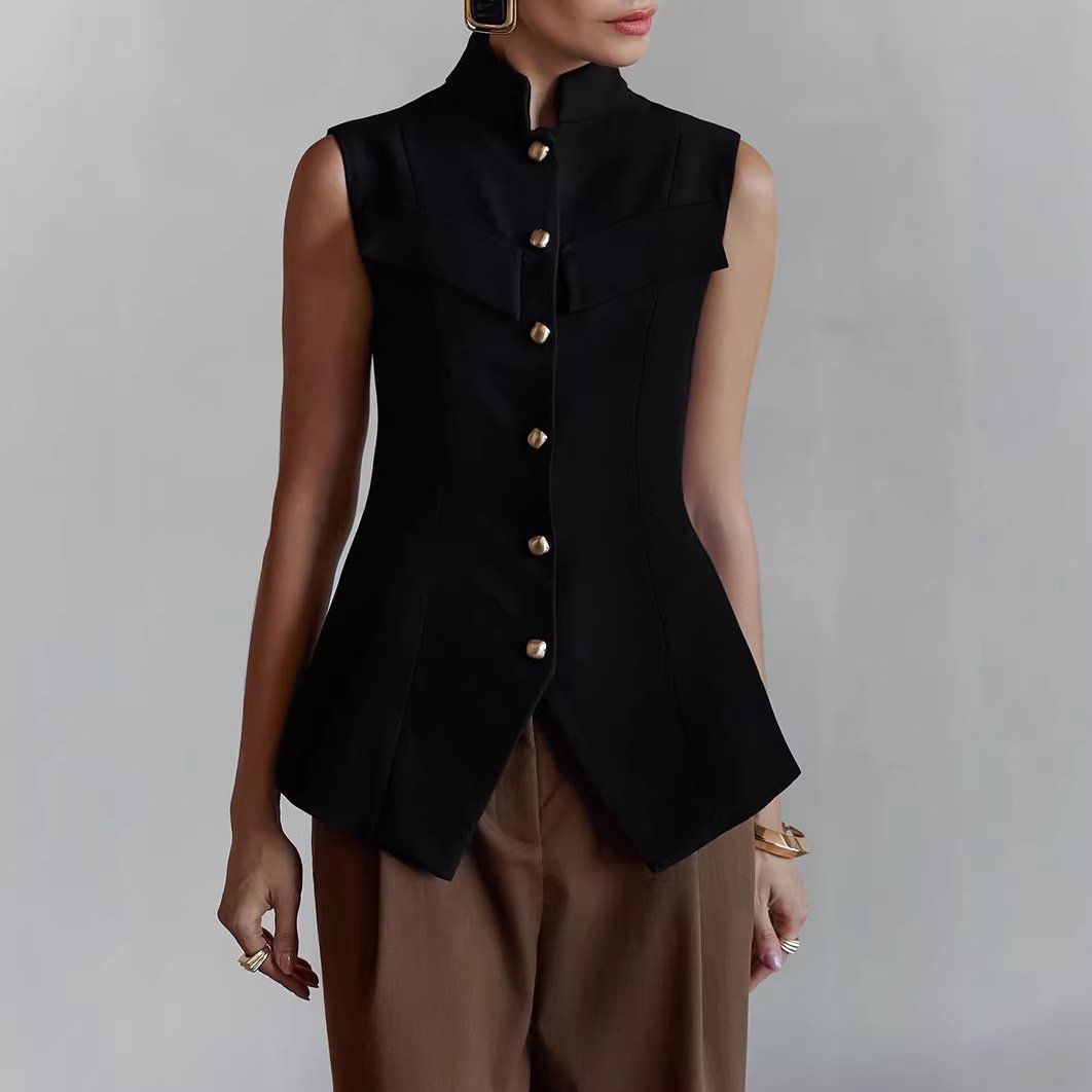 Elegant Work Vest for Women - Small Collar Button Front