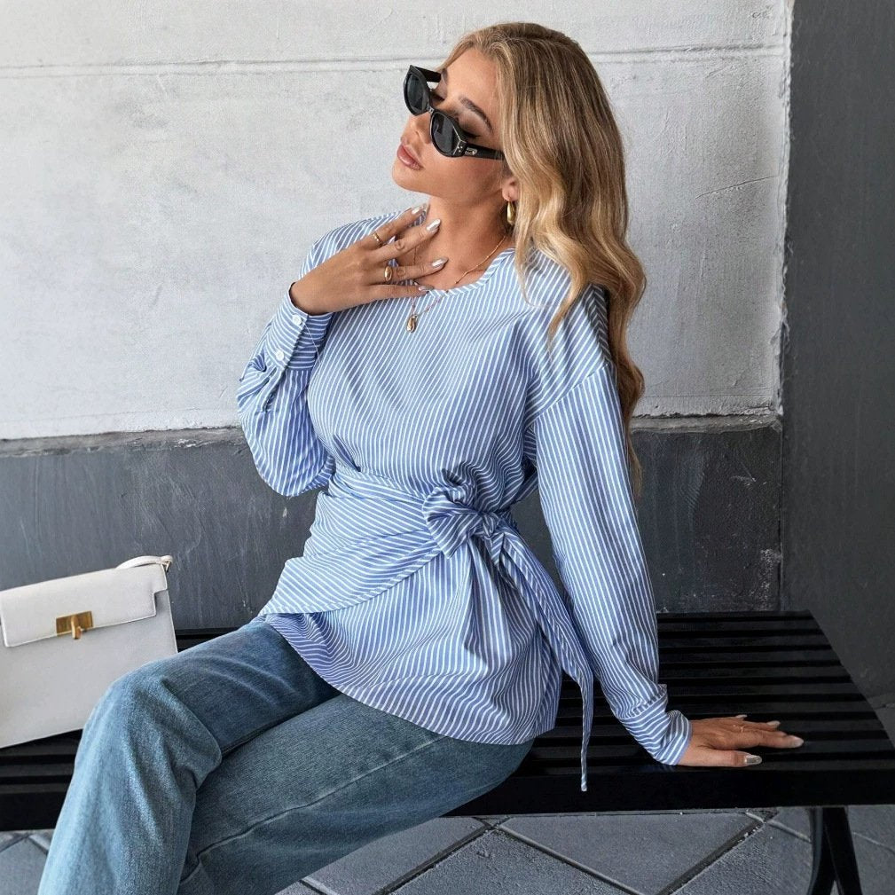 Striped Long Sleeve Blouse with Lace-up Detail