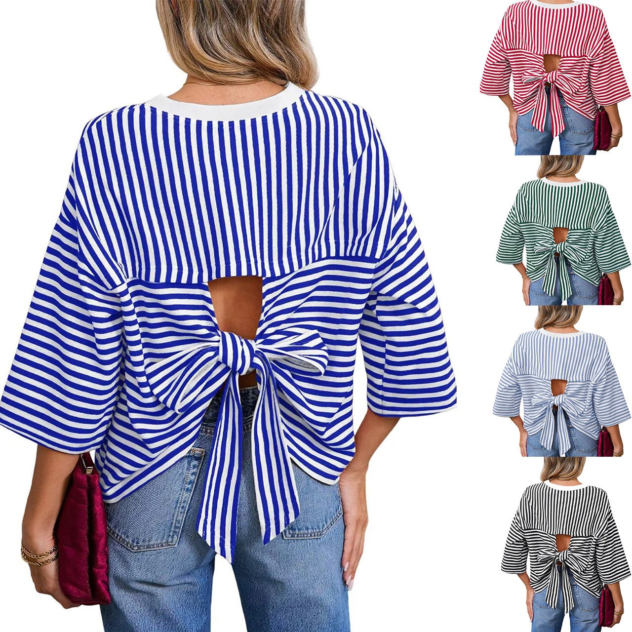 Sky Blue Striped Casual Top with Back Cutout & Bow Tie Straps