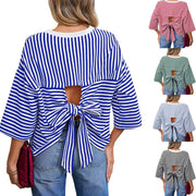 Sky Blue Striped Casual Top with Back Cutout & Bow Tie Straps
