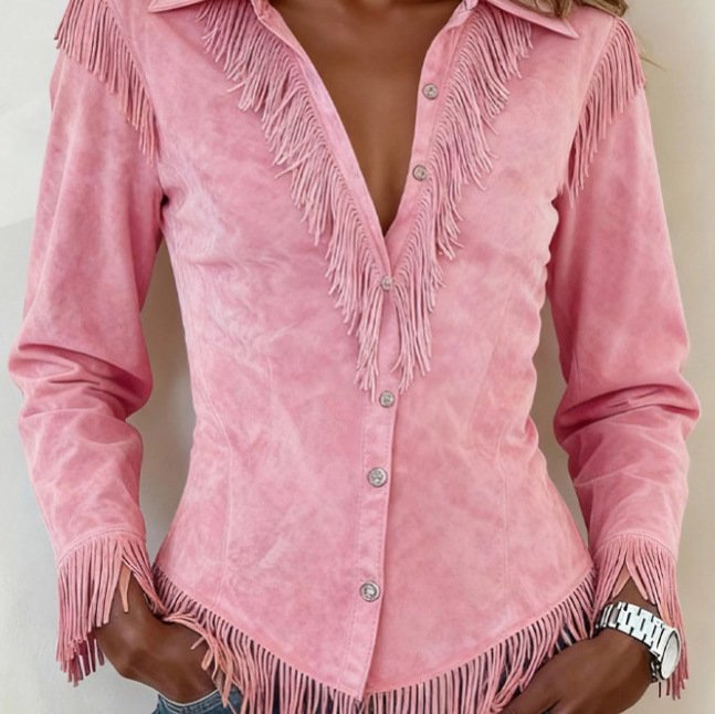 Western Suede Fringe Slim-Fit Shirt