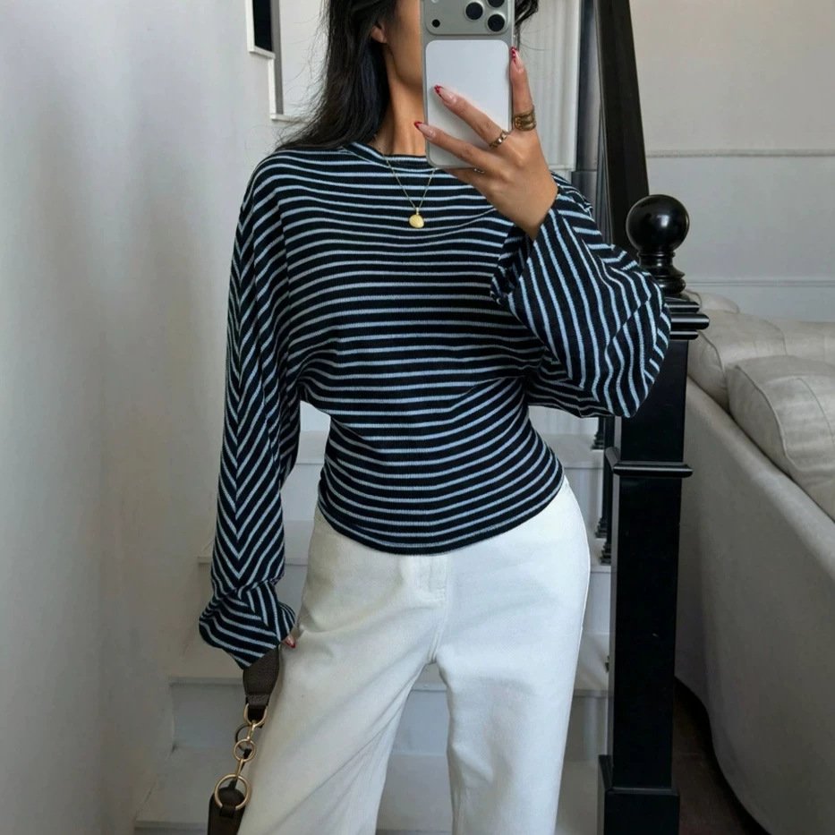 Striped Batwing Long-sleeve Top for Women