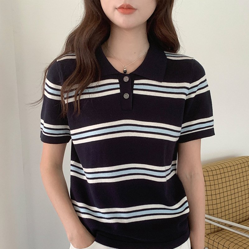 Retro Color-Block Striped Polo Shirt - Spring Summer Style