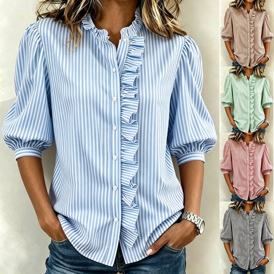 Loose-Fit Striped Blouse for Women - Puff Sleeves & Ruffled Edge