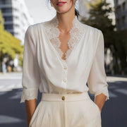 Elegant Apricot Blouse for Women - 3/4 Sleeve Lace Panel Design