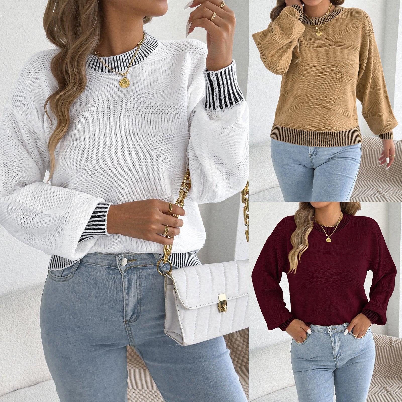Casual Colorblock Striped Crew-Neck Sweater for Women