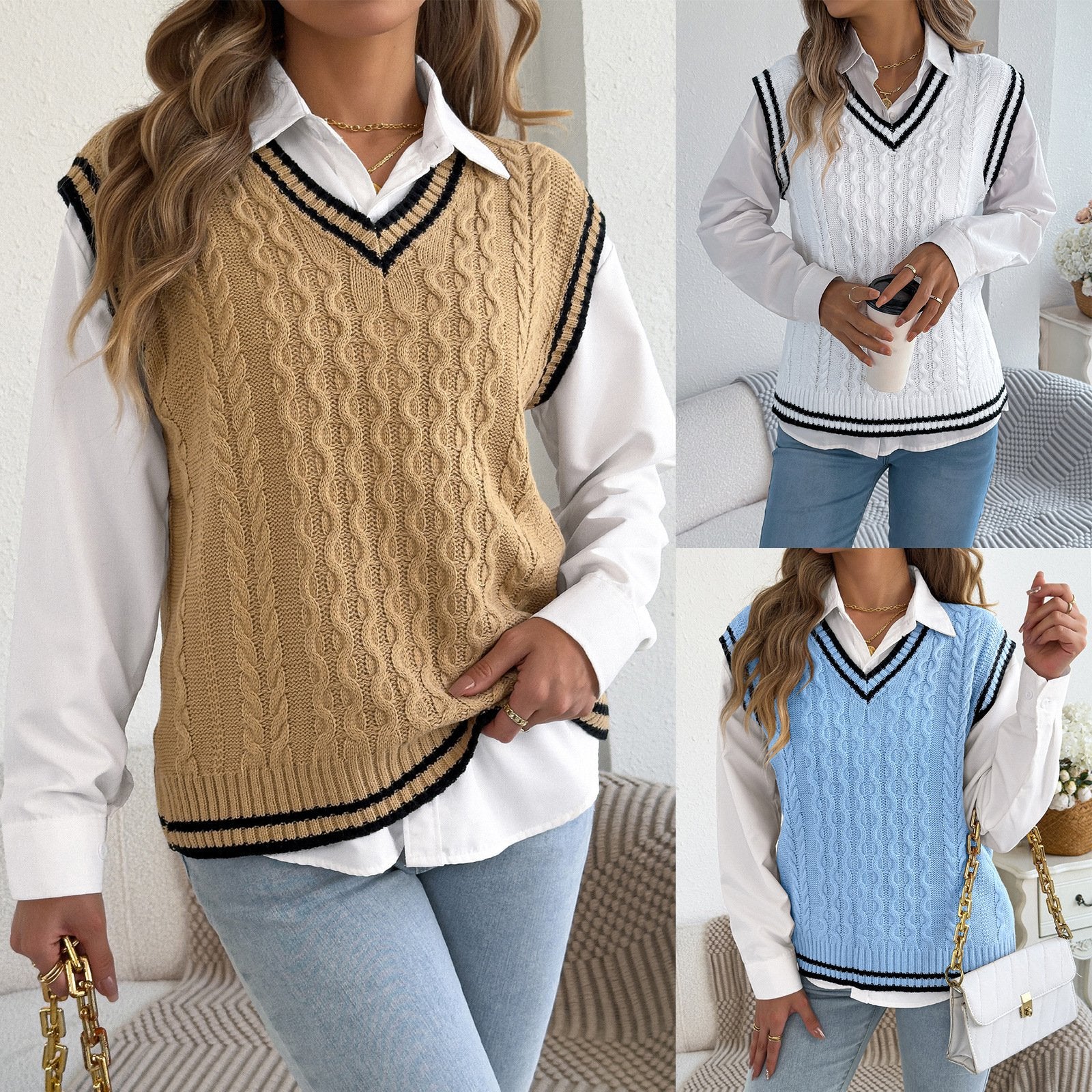 Women's Color-Block V-Neck Cable-Knit Sweater