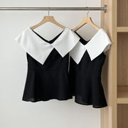 Color-blocked Lapel Waist-cincher Blouse