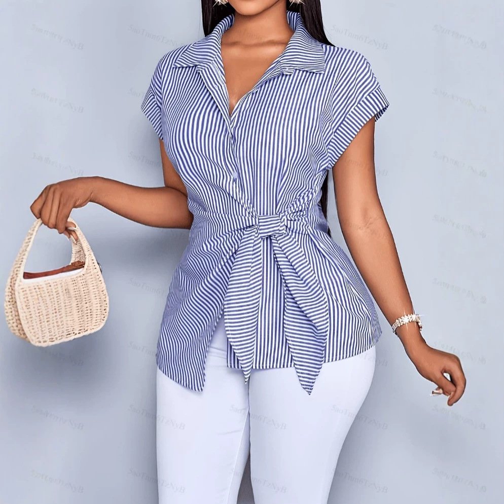Elegant Striped Short-Sleeve Shirt for Women