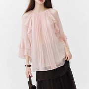 Elegant Women's Long-Sleeve Top with Lace Ruffle Trim