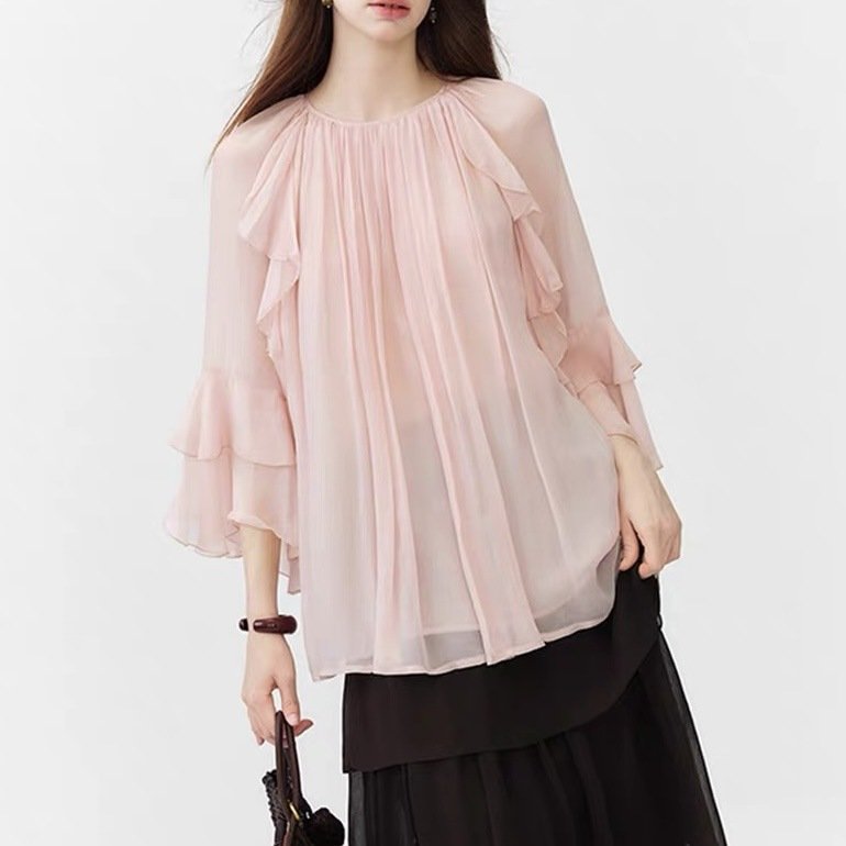 Elegant Women's Long-Sleeve Top with Lace Ruffle Trim