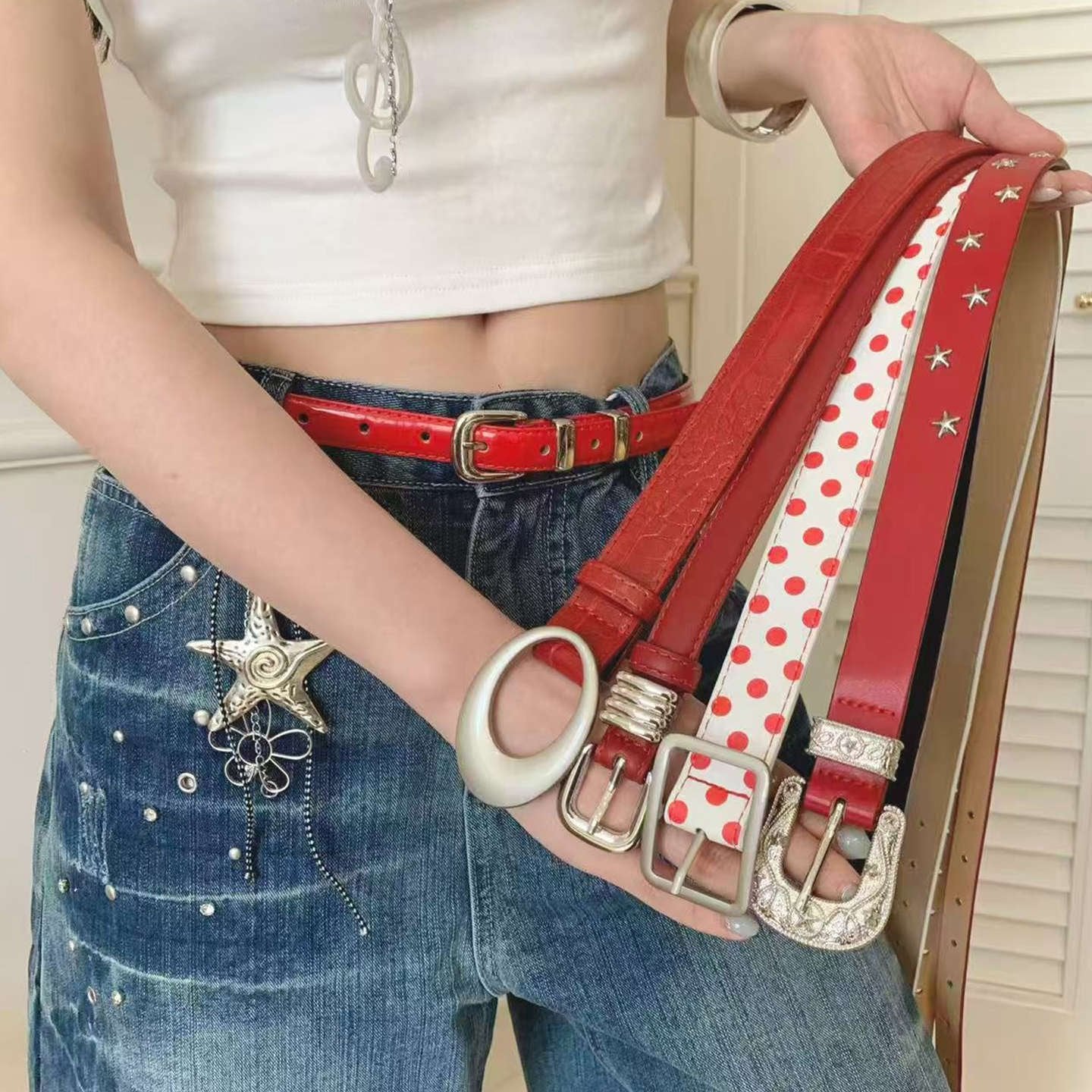 Vintage Red Crocodile Polka Dot Belt for Women