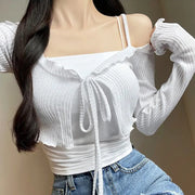 Elegant Off-Shoulder Lace-Up Long-Sleeve Cardigan Top