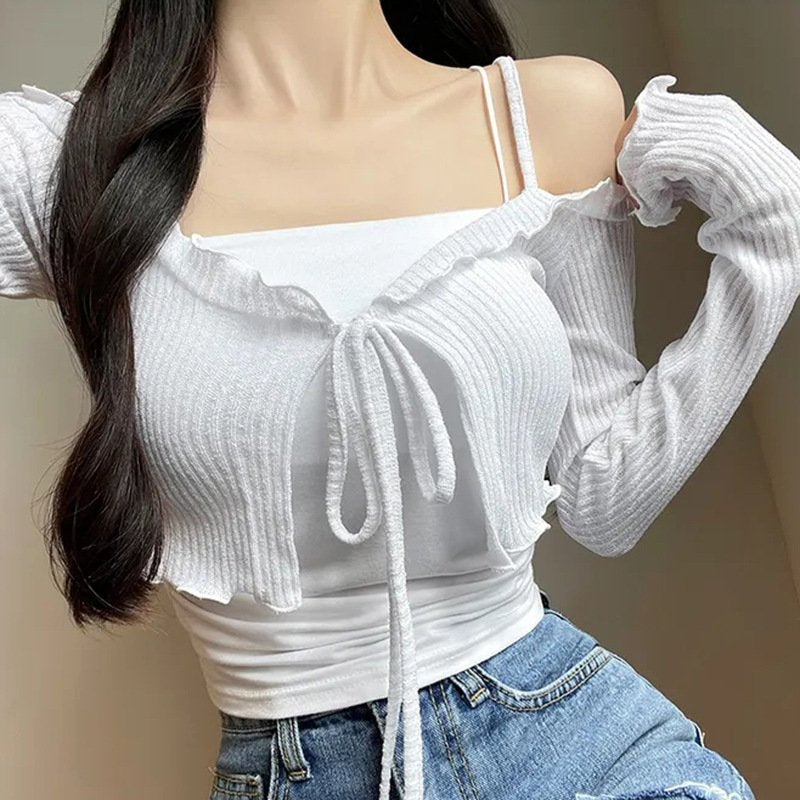 Elegant Off-Shoulder Lace-Up Long-Sleeve Cardigan Top