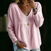 Women's Long-Sleeved Lace Trim V-Neck Pullover