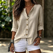 Relaxed Fit Cotton-Linen V-Neck T-Shirt Top for Women