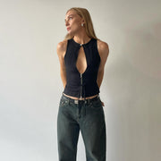 Sexy Western-Style Tank Top with Zipper - Black