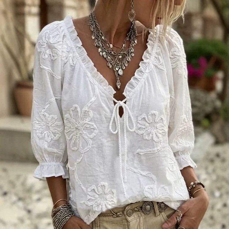 Ruffle Trim V-Neck Top for Women