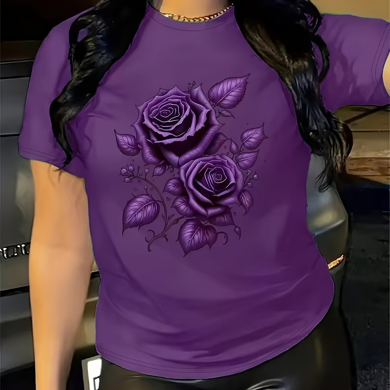 Purple Rose Crew Neck Top for Women