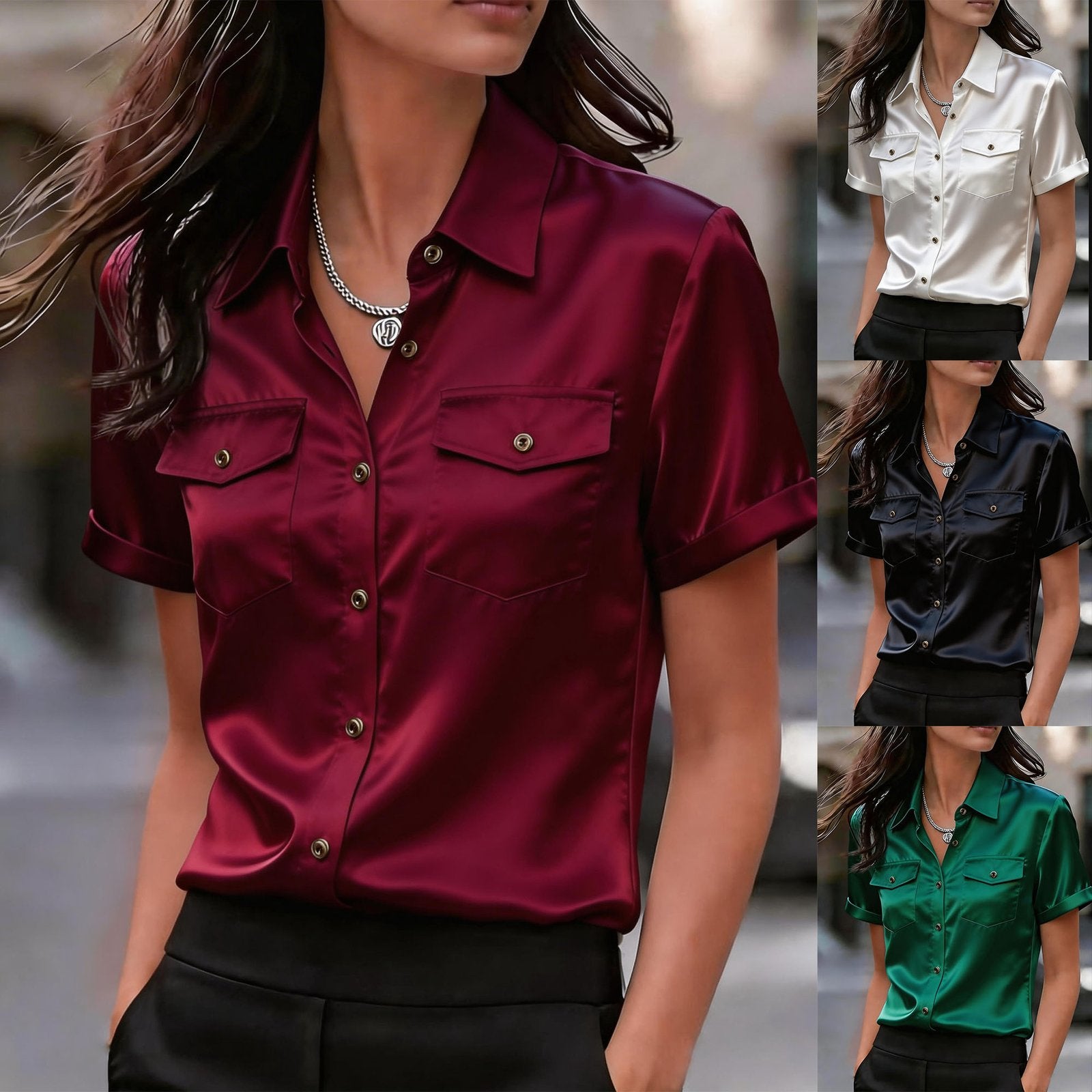 Sophisticated Satin Blouse with Double Pockets