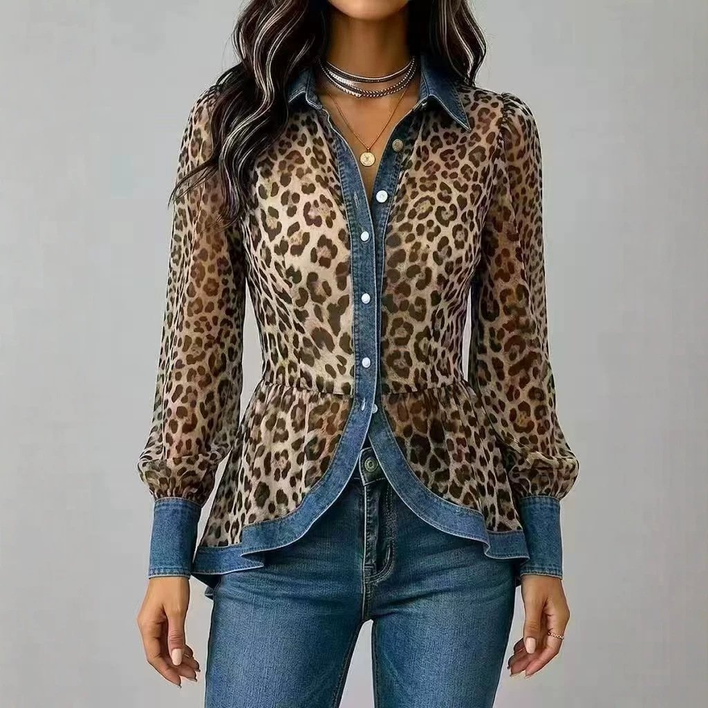 Leopard Print Long Sleeve Denim Shirt for Women