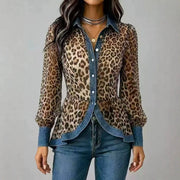 Leopard Print Long Sleeve Denim Shirt for Women
