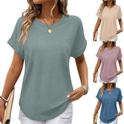 Elegant Waffle Knit Crew Neck Top with Ruffled Hem