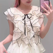 Ruffled Hem Bow-Tie V-Neck Shirt