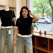 Color-block Wood Ear Trimmed Short Sleeve T-shirt